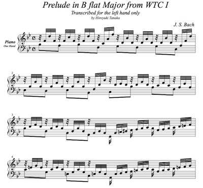 J. S. Bach/ Prelude in B flat Major from WTC Book 1 BWV 866, arranged for left hand only by Hiroyuki Tanaka. 